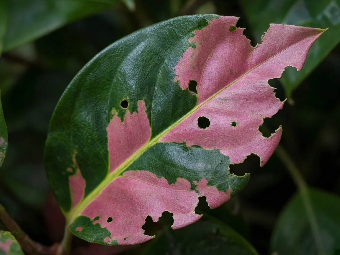 Close-up of holes in leaves on Aglaonema Red Siam — chewed margin on variegated leaf