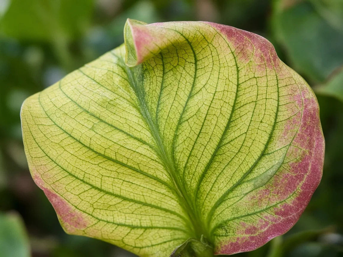 Close-up of interveinal chlorosis on new Red Siam crown leaf