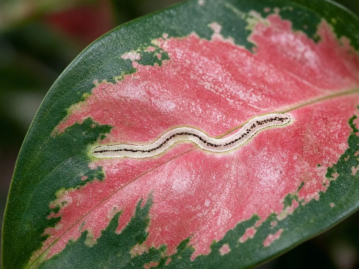 Close-up of a pale serpentine leaf miner tunnel inside a broad Aglaonema Red Siam cherry-red and green variegated leaf
