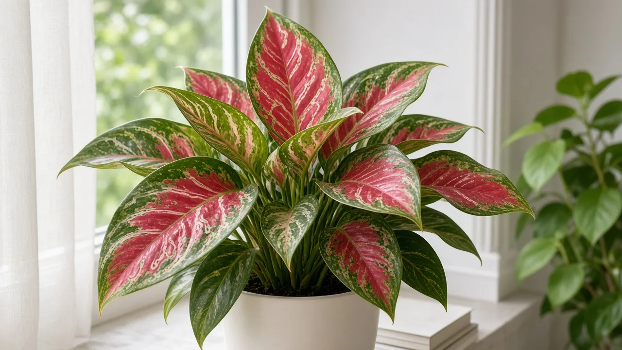 Leaf miners on Aglaonema Red Siam - pale serpentine tunnels winding through broad cherry-red and green variegated leaves
