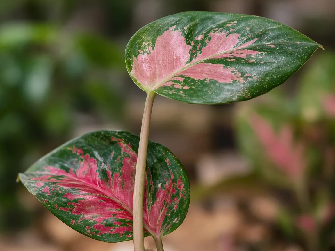Close-up of leggy growth on Aglaonema Red Siam - elongated petioles with wide gaps between rose-pink variegated leaves