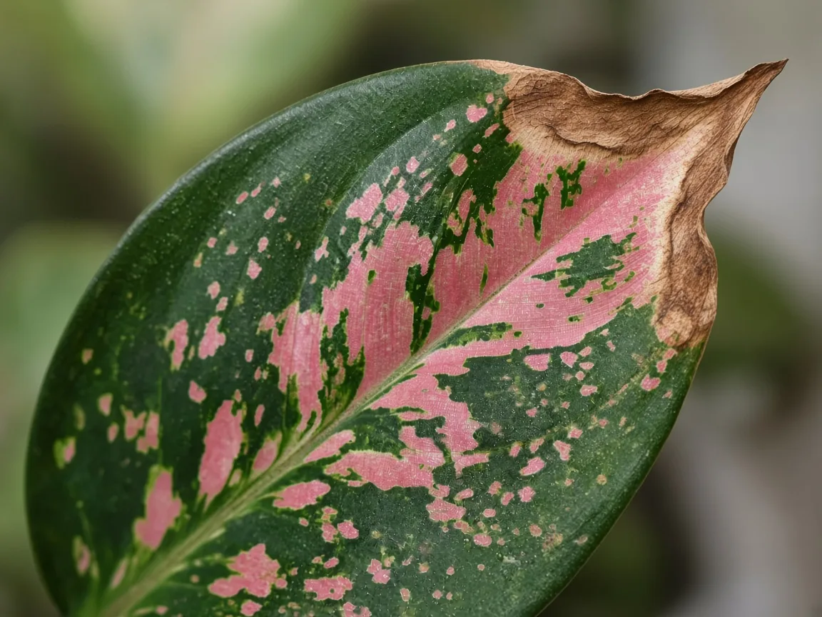 Close-up of low humidity on Aglaonema Red Siam - papery brown margins on rose-pink leaf zones