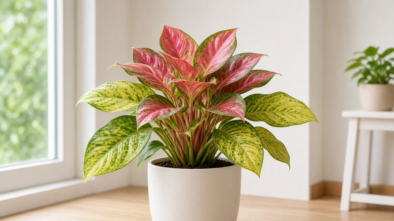 Magnesium deficiency on Aglaonema Red Siam - yellow between green veins on older lower variegated leaves