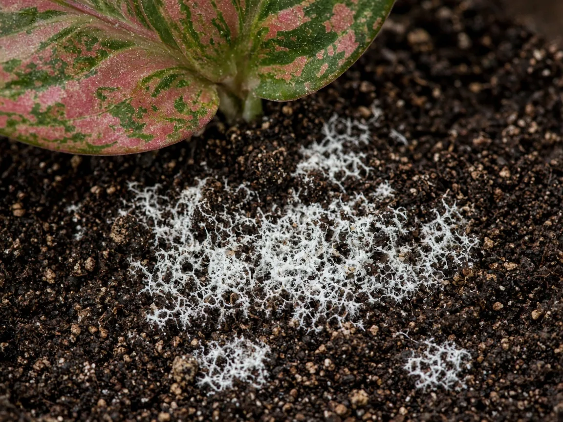 Close-up of mold on soil on Aglaonema Red Siam - white fuzzy threads on damp peat at the base of broad variegated leaves