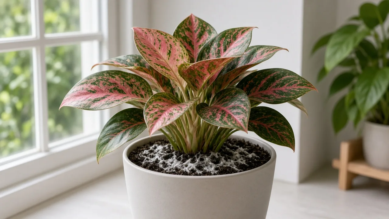 Mold on soil on Aglaonema Red Siam - white fuzzy growth on damp peat at the base of broad rose-pink and green variegated leaves