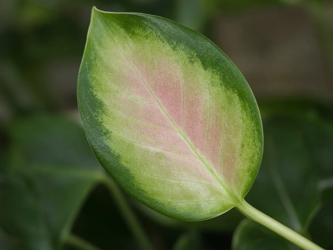 Close-up of a new Red Siam leaf opening mostly green with faint cherry-pink blush on an elongated petiole