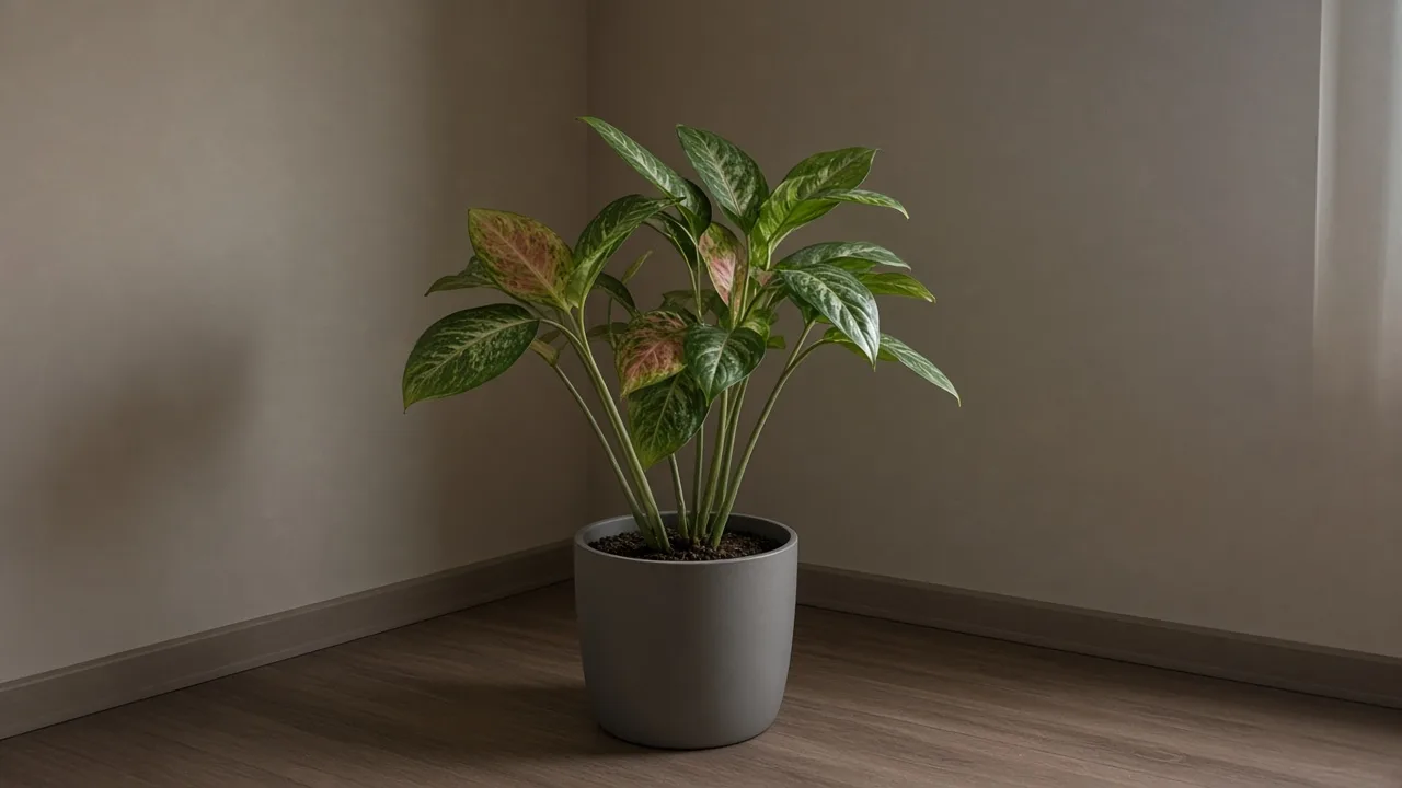 Not enough light on Aglaonema Red Siam - leggy Chinese evergreen with faded green new leaves in a dim indoor corner
