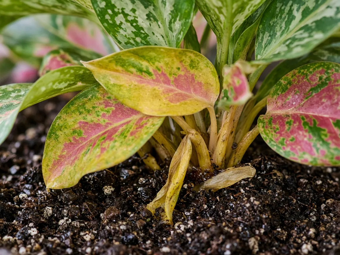 Close-up of yellow lower rose-pink leaves and damp dark soil at the base of Aglaonema Red Siam