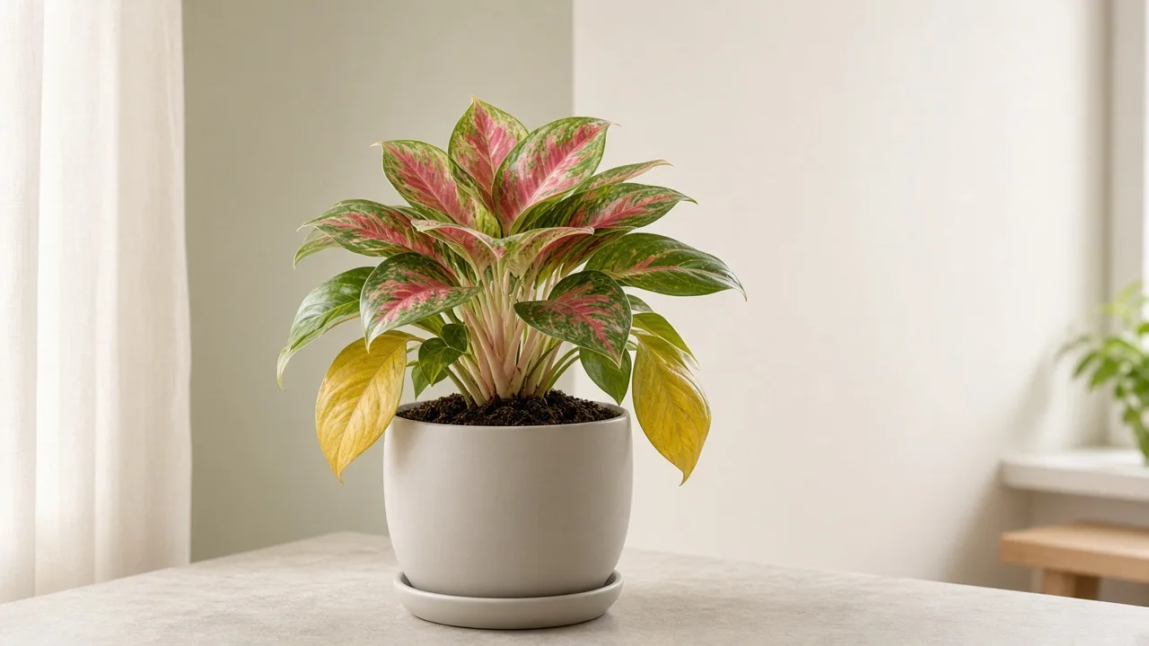 Overwatering on Aglaonema Red Siam - yellow lower rose-pink leaves on a heavy pot with dark damp soil in filtered indoor light