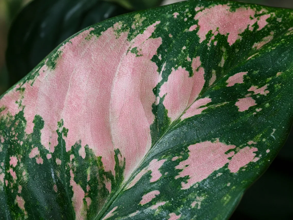 Close-up of pale leaves on Aglaonema Red Siam — washed variegation on foliage