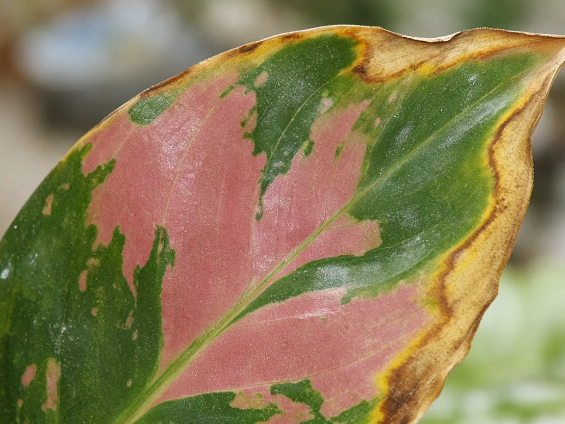 Close-up of yellow-tan scorch along the outer margin of an older Aglaonema Red Siam leaf with rose-pink variegation still visible in the green interior tissue
