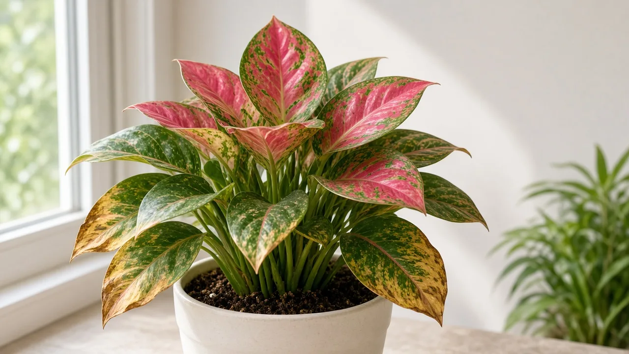 Potassium deficiency on Aglaonema Red Siam - scorched margins on older lower rose-pink variegated leaves