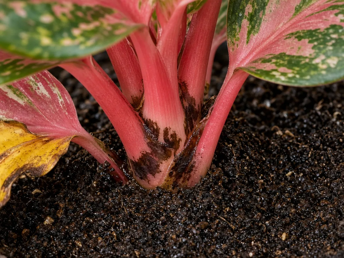 Close-up of root rot on Aglaonema Red Siam — soft dark crown tissue and yellowing lower rose-pink leaf
