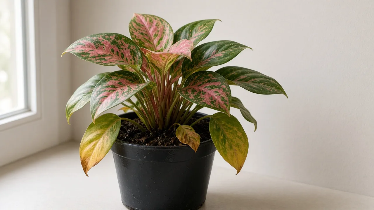 Root rot on Aglaonema Red Siam — yellowing lower rose-pink leaves on a heavy wet pot in dim light
