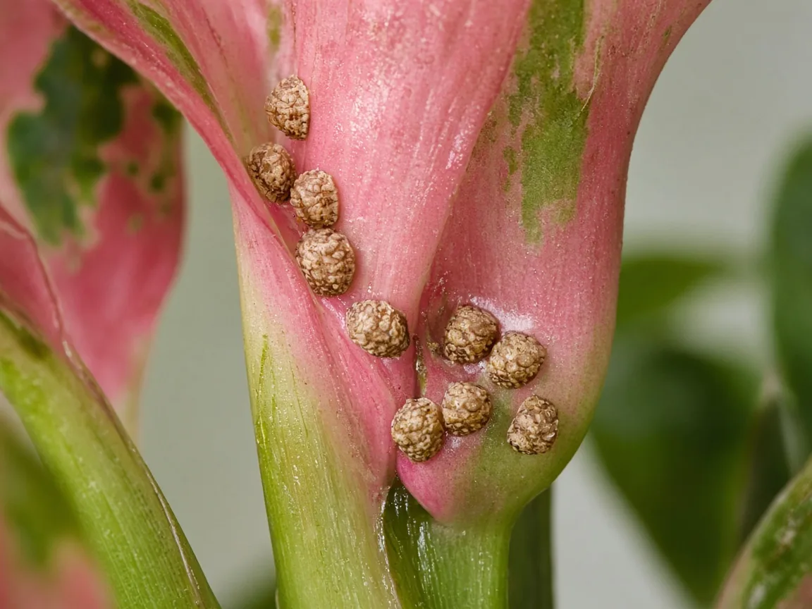 Close-up of tan scale insect bumps along the petiole base of a broad rose-pink Aglaonema Red Siam leaf