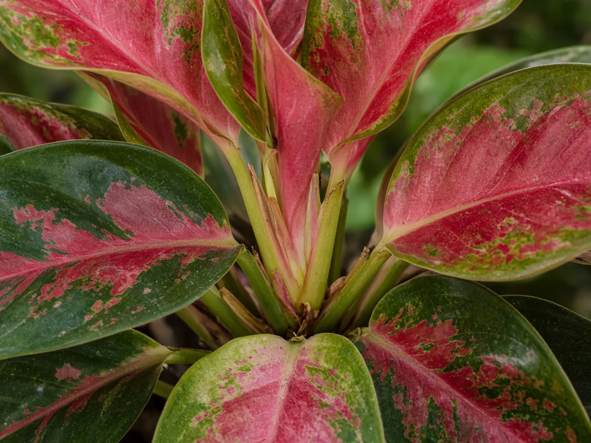 Close-up of Aglaonema Red Siam crown center with tight leaf spacing and no fresh pink-flushed blade emerging