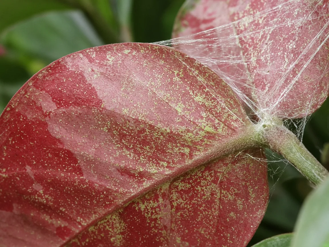 Close-up of fine yellow stippling and delicate webbing on a cherry-red and rose-pink Aglaonema Red Siam leaf underside