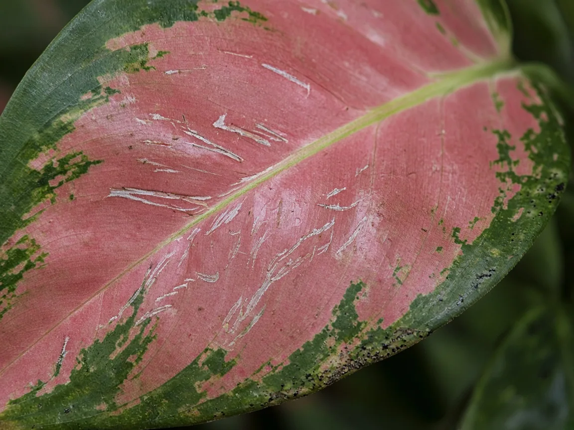Close-up of thrips damage on Aglaonema Red Siam - silvery streaks and black frass on a rose-pink variegated leaf