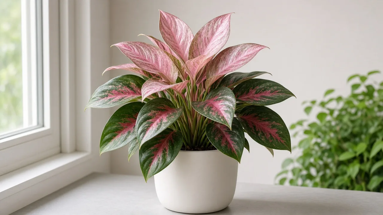 Thrips on Aglaonema Red Siam - silvery streaks on broad rose-pink and green variegated leaves
