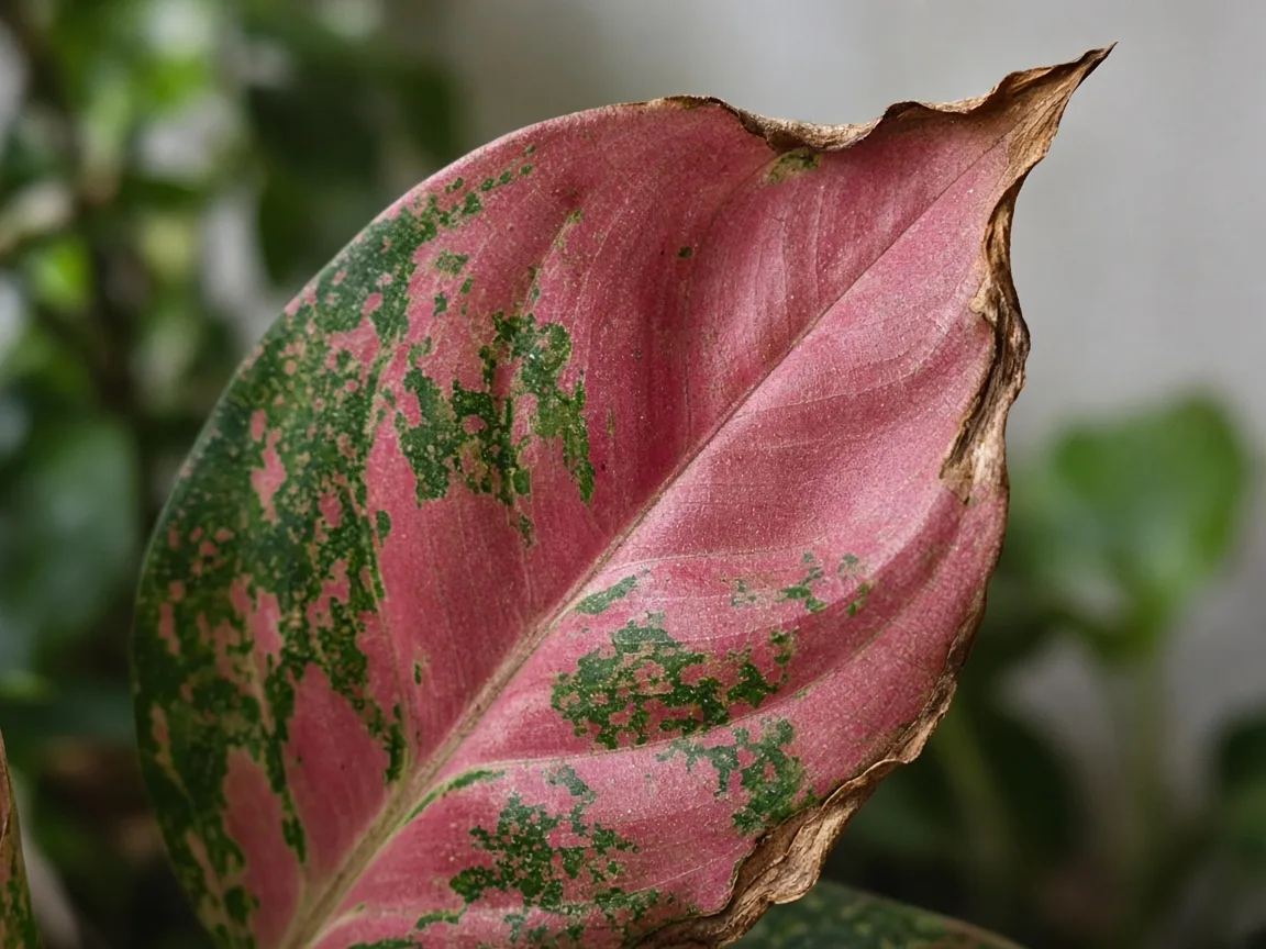 Close-up of crisp brown tips and curled broad rose-pink leaves on Aglaonema Red Siam