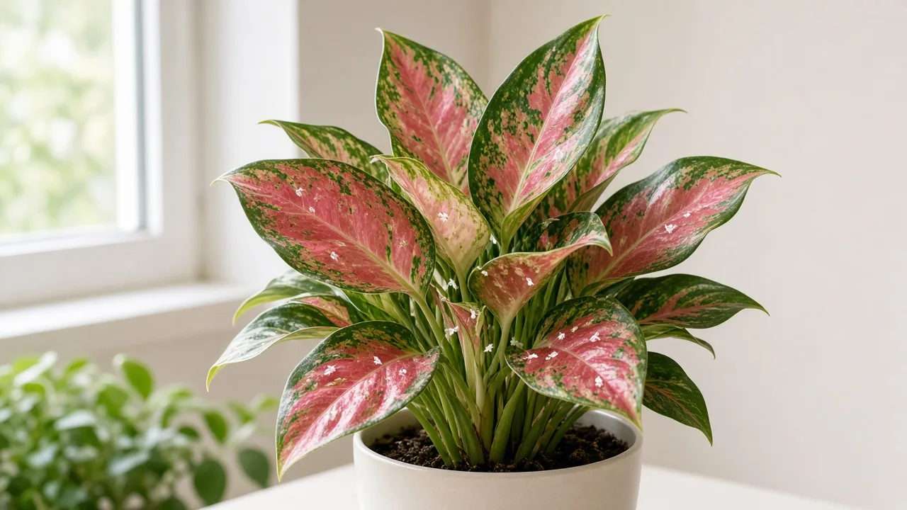 Whiteflies on Aglaonema Red Siam - tiny white insects on broad cherry-red variegated Chinese evergreen leaf undersides