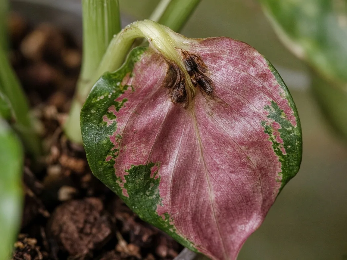 Close-up of wilting on Aglaonema Red Siam - limp collapsed petiole and drooping rose-pink variegated leaf at the crown