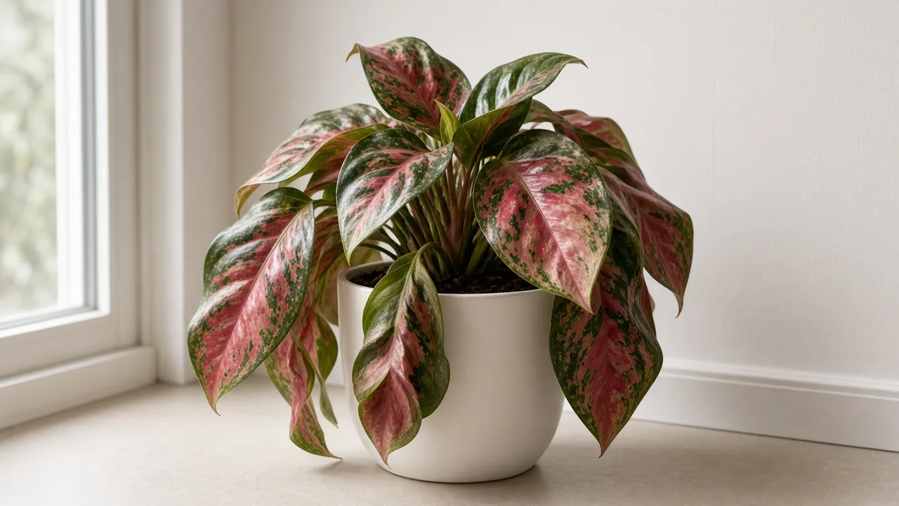 Wilting on Aglaonema Red Siam - upright rose-pink Chinese evergreen clump collapsed with limp broad foliage