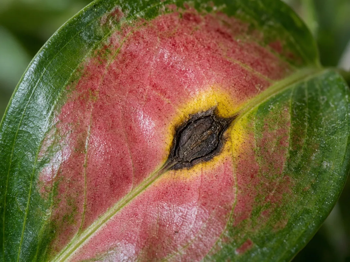 Close-up of black spots on Red Valentine pink-red variegated leaf