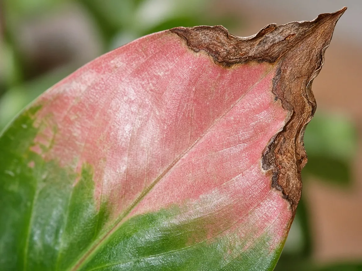 Close-up of brown necrotic tips on Red Valentine pink-red leaf