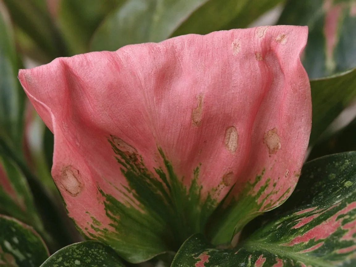 Close-up of cupped margin-burned new Red Valentine crown leaf on pink-red tissue