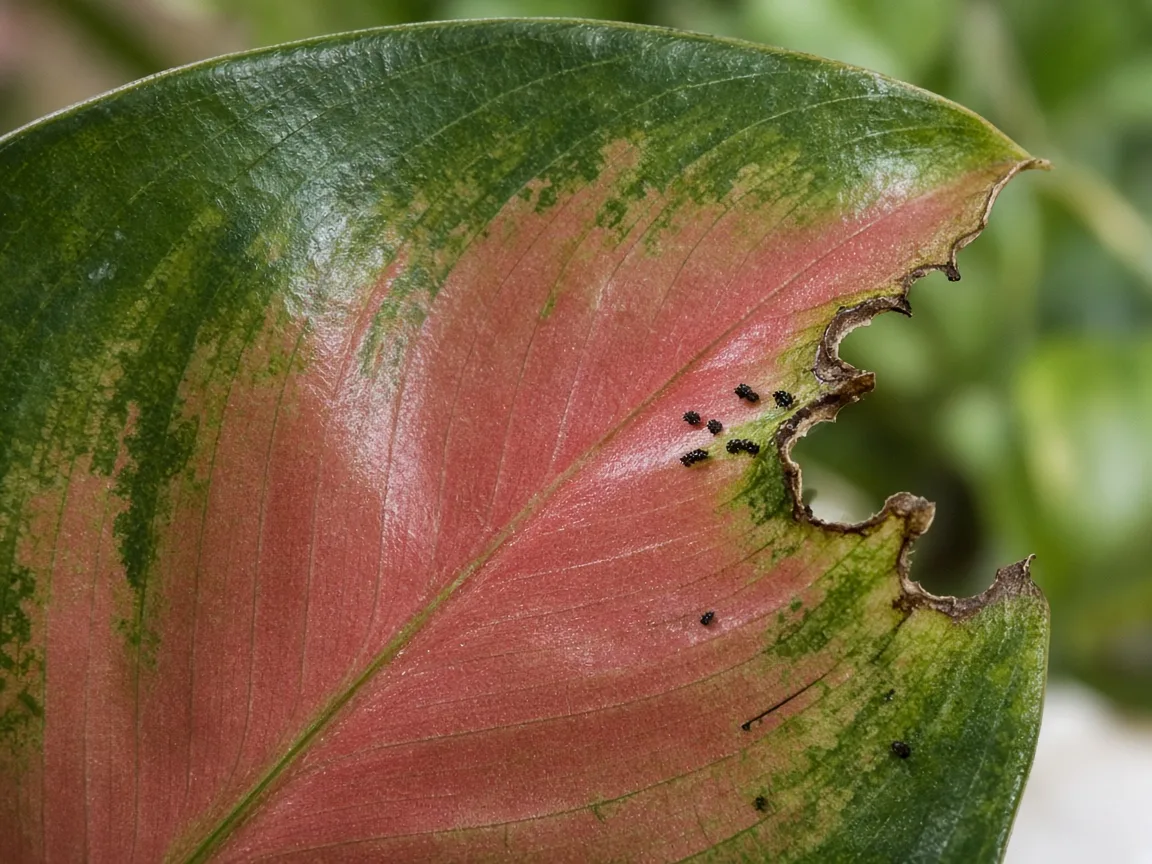 Close-up of caterpillar damage on Aglaonema Red Valentine - irregular chewed notches on broad pink-red and green leaf with dark frass pellets
