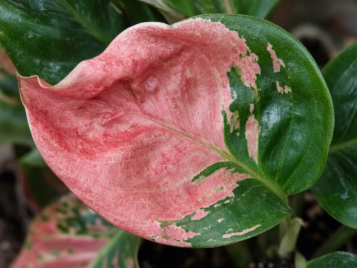 Close-up of curling leaves on Aglaonema Red Valentine - cupped pink-red zone on variegated blade