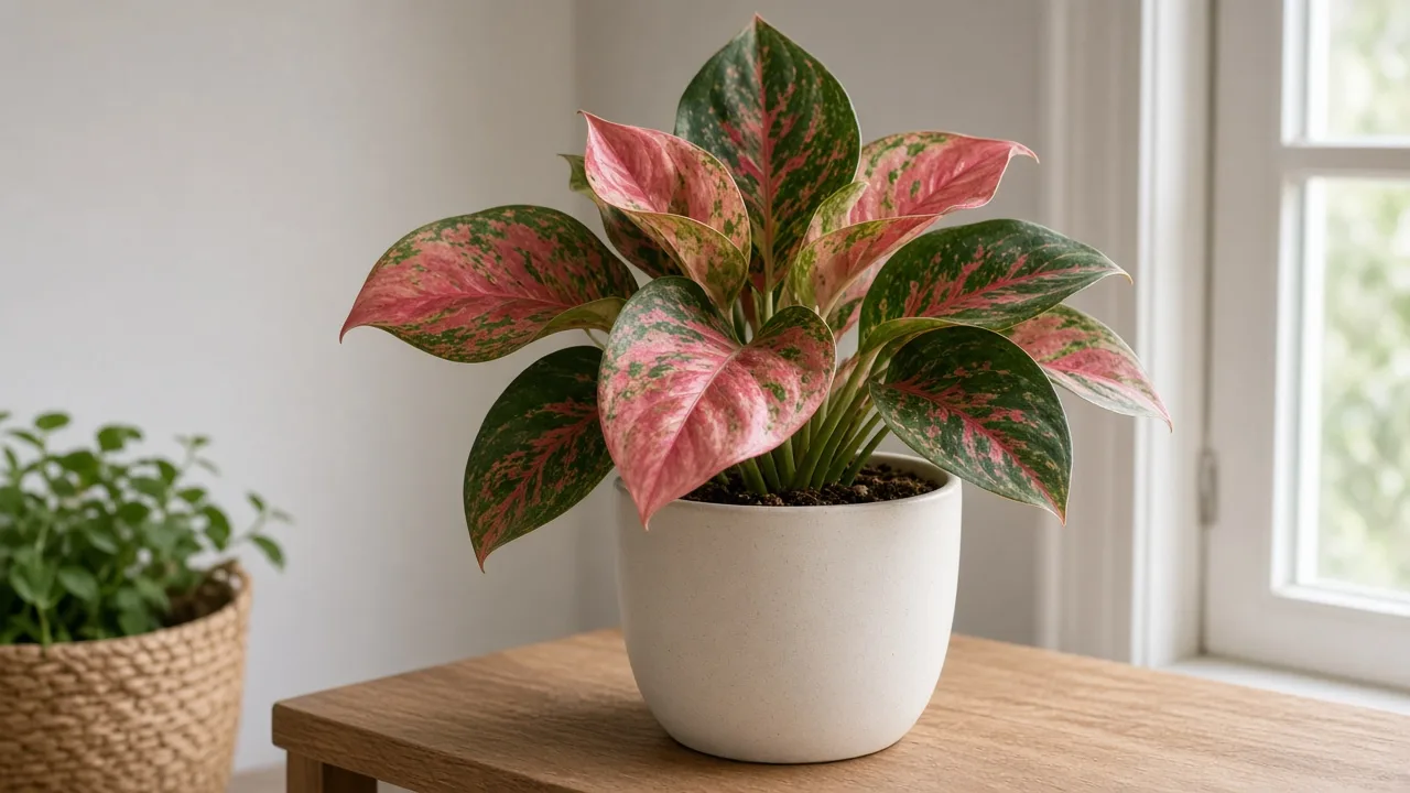 Curling leaves on Aglaonema Red Valentine - cupped pink-red blades on dry pot