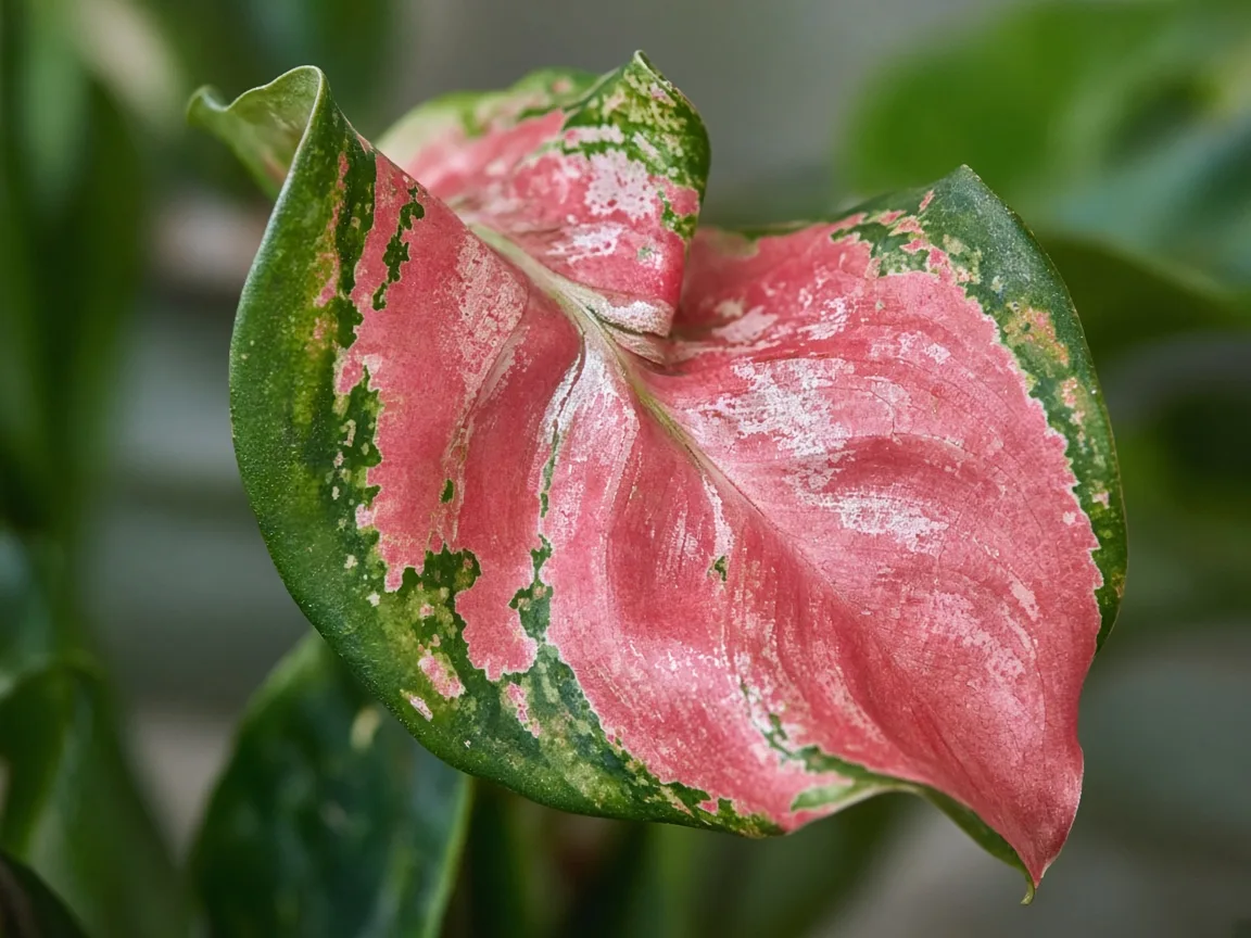 Close-up of distorted leaves on Aglaonema Red Valentine - puckered pink-red zone on twisted new blade
