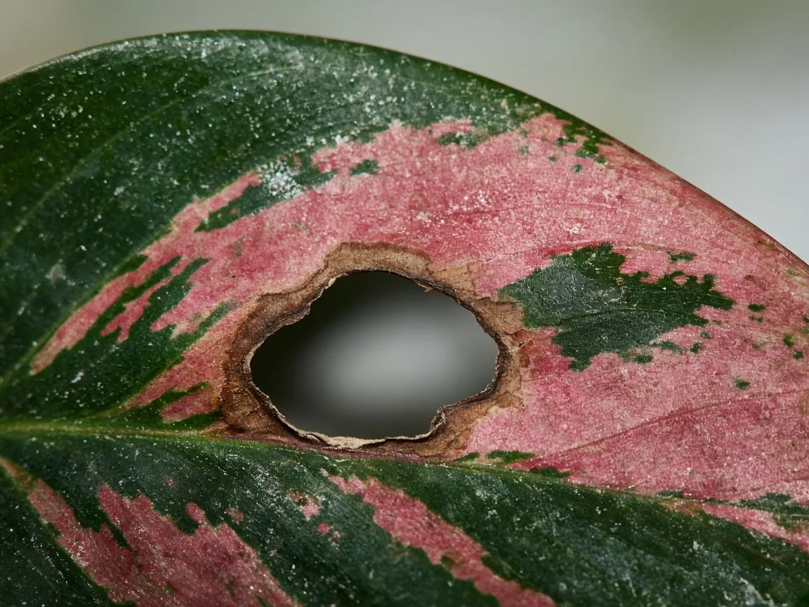 Close-up of hole with brown rim on Aglaonema Red Valentine pink-red blade