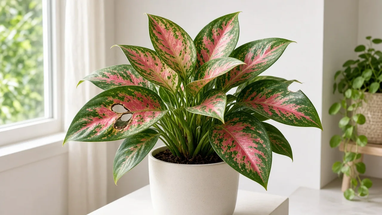 Holes in Leaves on Aglaonema Red Valentine - torn broad pink-red blade with brown-rim hole