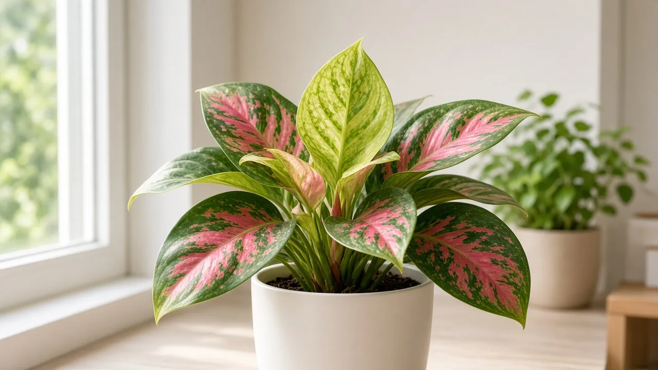 Iron deficiency on Aglaonema Red Valentine - pale new variegated leaf with green veins at the crown flush