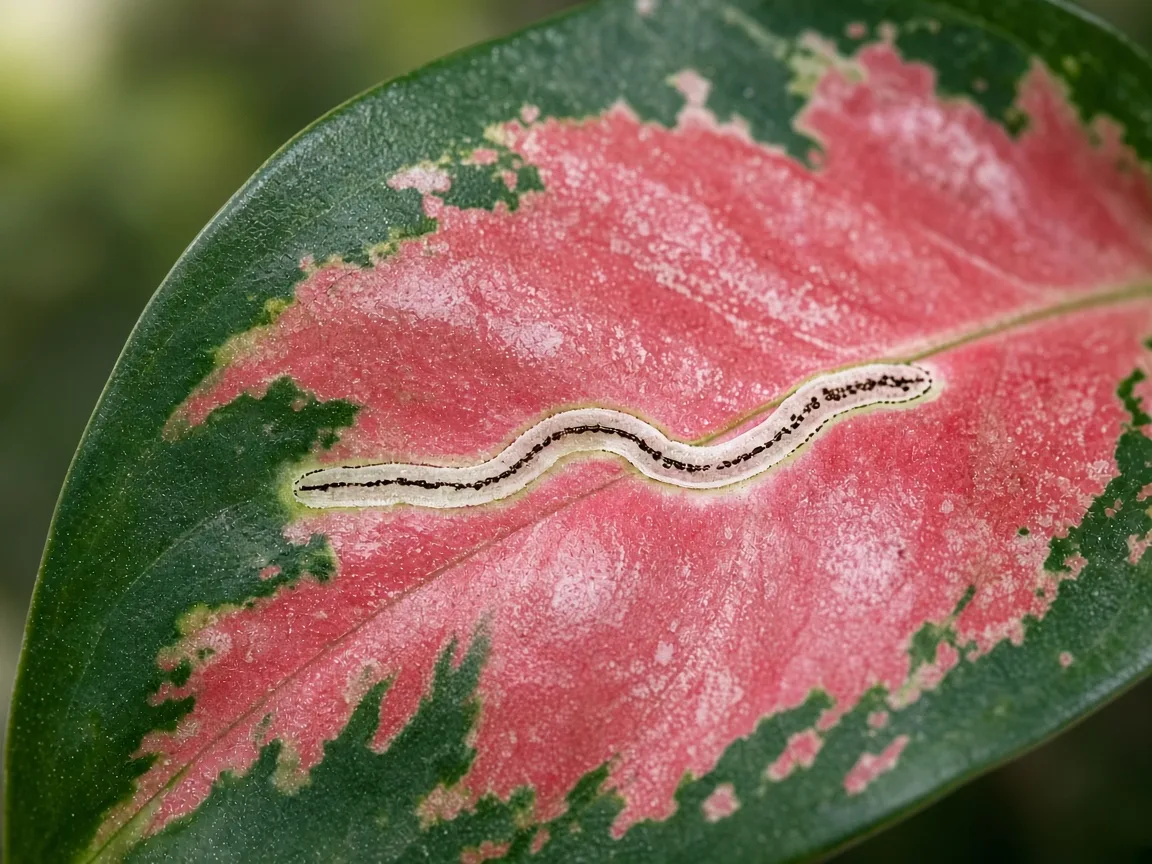 Close-up of a pale serpentine leaf miner tunnel inside a broad Aglaonema Red Valentine pink-red and green variegated leaf