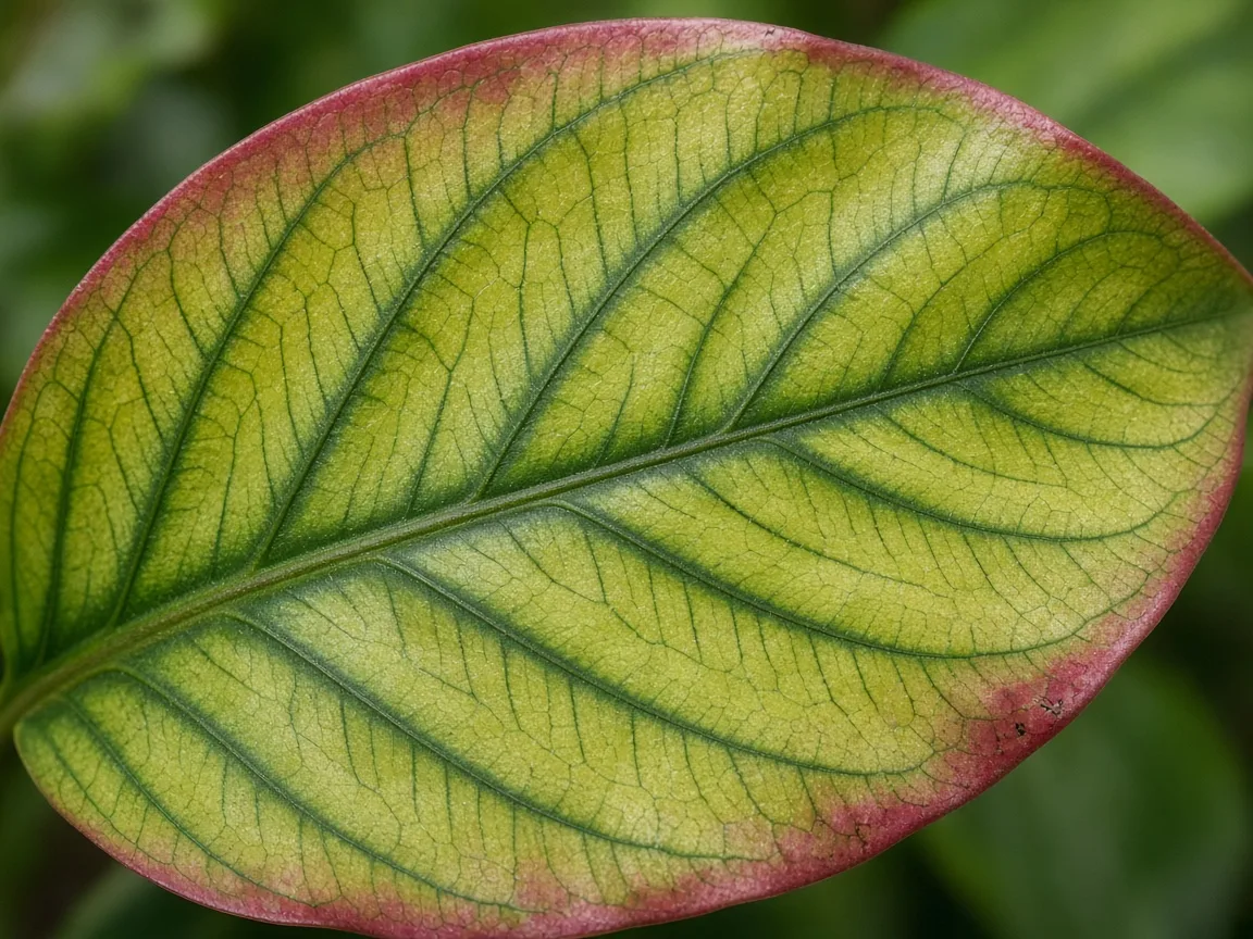 Close-up of interveinal chlorosis on older Red Valentine broad leaf