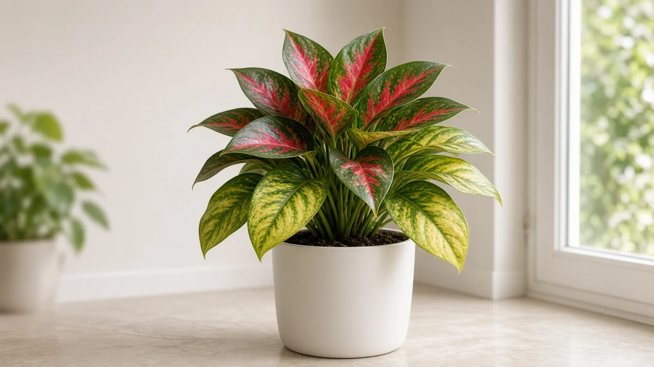 Magnesium deficiency on Aglaonema Red Valentine - yellow between green veins on older lower broad leaves