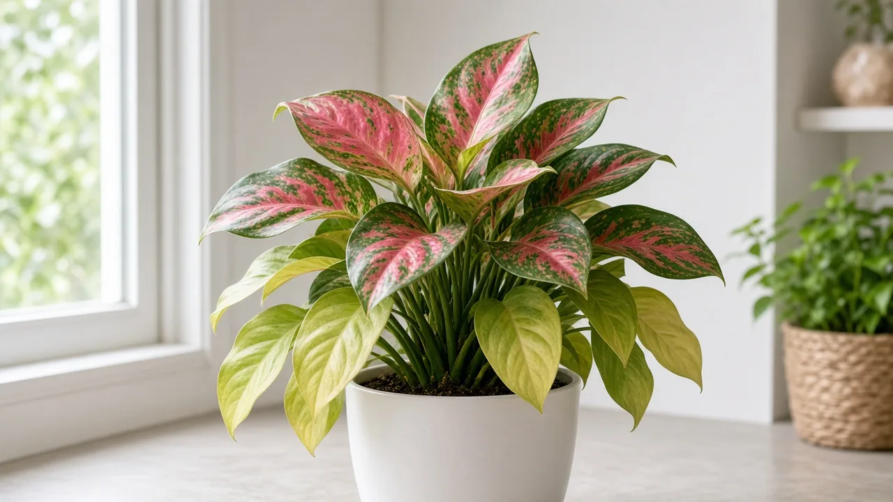 Nitrogen deficiency on Aglaonema Red Valentine - oldest lower broad leaves uniformly pale yellow-green on pink variegated Chinese evergreen