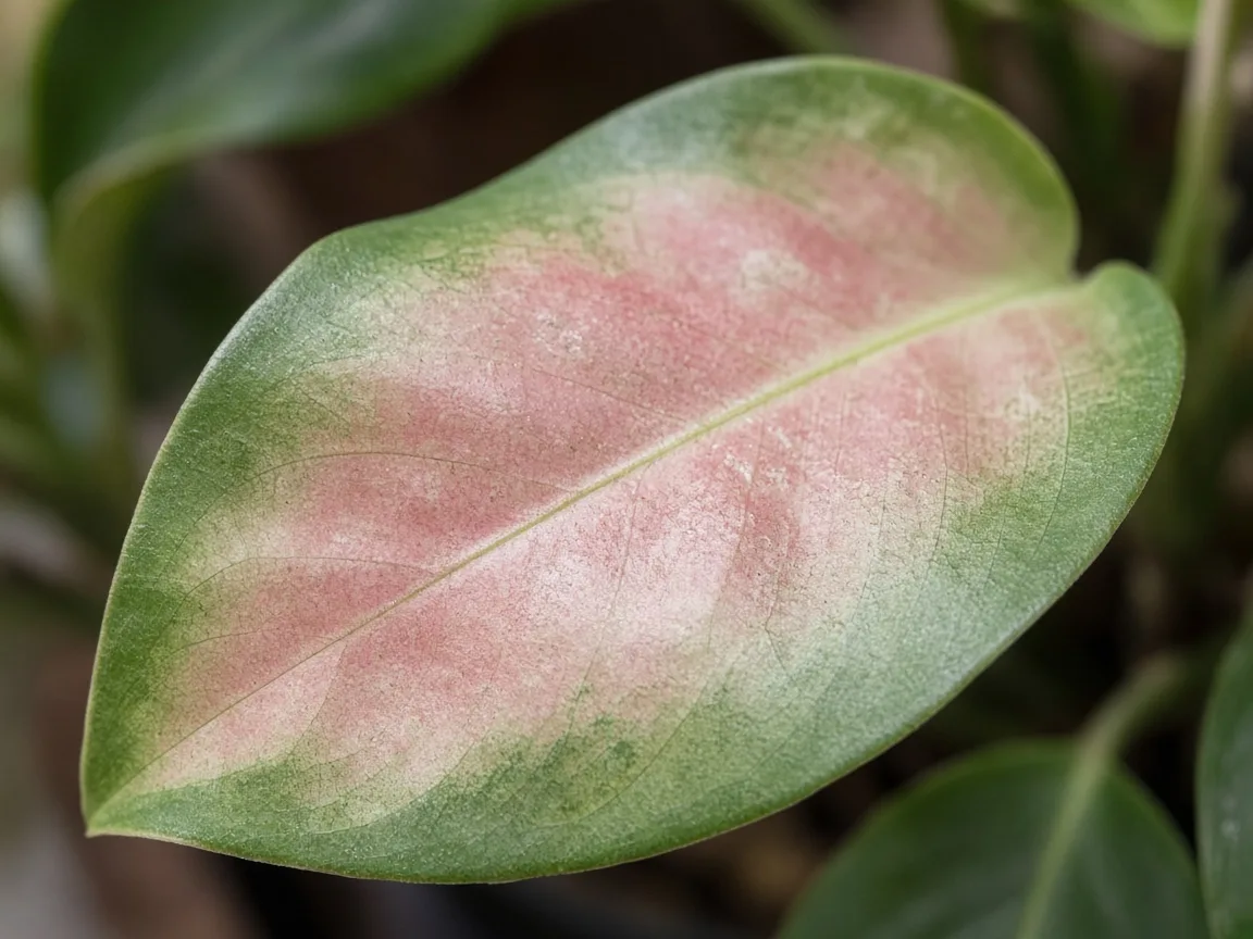 Close-up of pale leaves on Aglaonema Red Valentine - faded pink-red zones on the newest blade