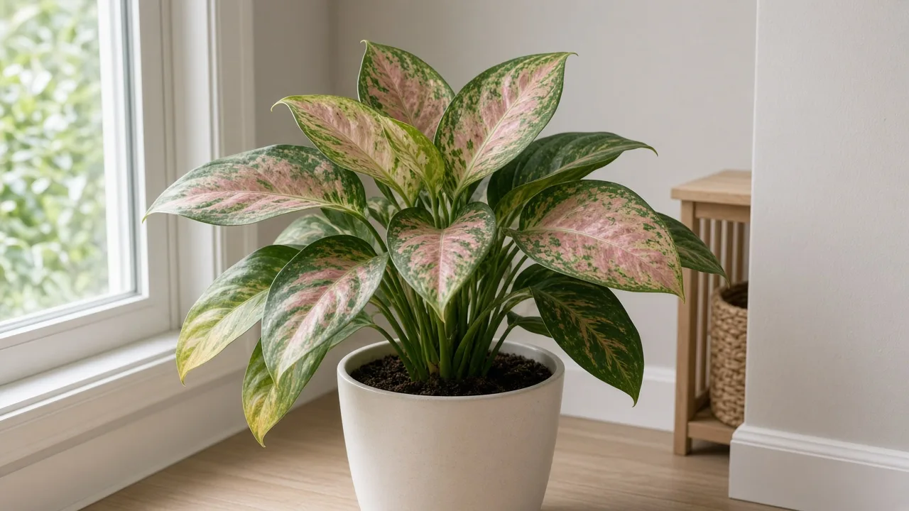 Pale leaves on Aglaonema Red Valentine - washed-out pink-red variegation on broad glossy blades