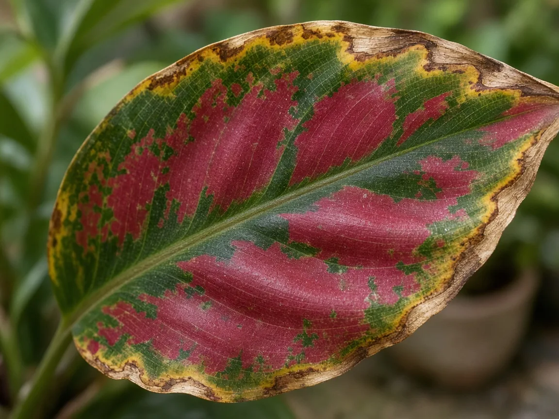 Close-up of yellow-tan scorch along the outer margin of an older Aglaonema Red Valentine broad leaf with deep pink-red and green variegation still visible in the interior tissue
