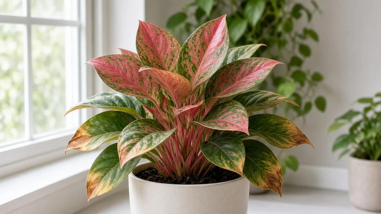 Potassium deficiency on Aglaonema Red Valentine - scorched margins on older lower broad leaves