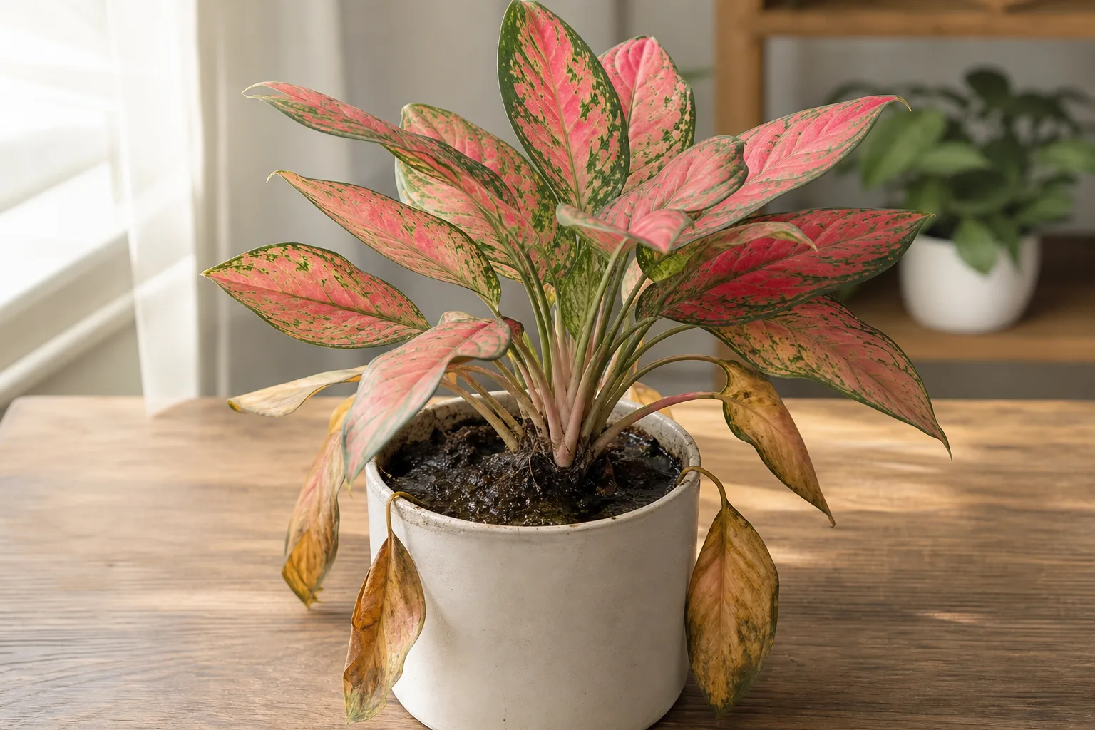 Root rot on Aglaonema Red Valentine - limp yellowing lower leaves with washed-out pink variegation on wet soil