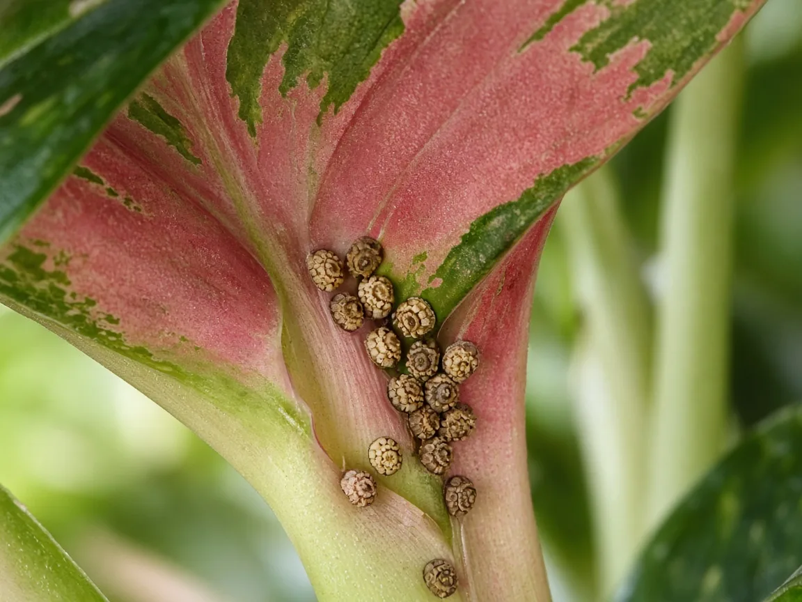 Close-up of tan scale insect bumps along the petiole base of a broad pink-red Aglaonema Red Valentine leaf
