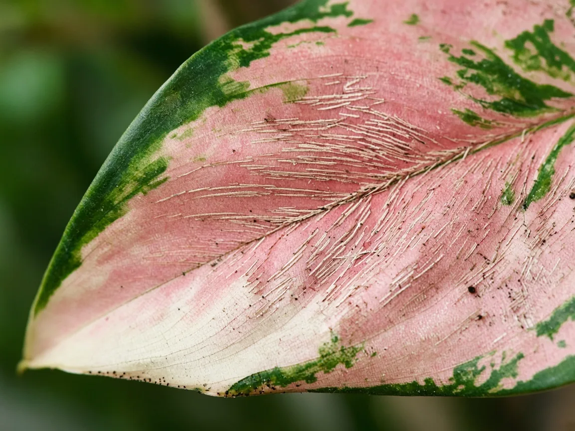 Close-up of thrips damage on Aglaonema Red Valentine - silvery streaks and black frass on a large pink-red variegated leaf