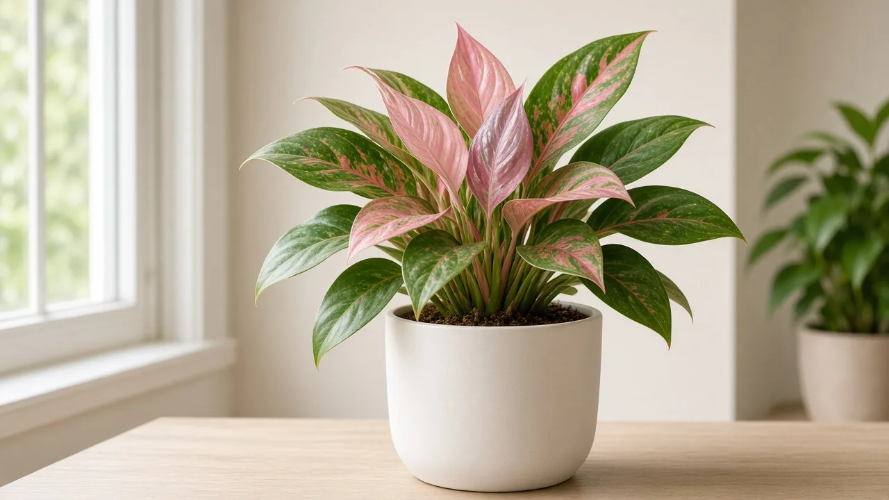Thrips on Aglaonema Red Valentine - silvery streaks on large pink-red variegated crown leaves