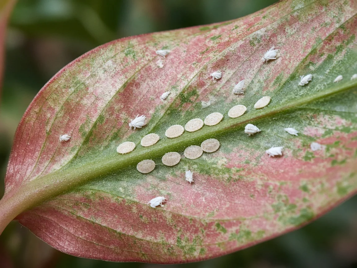 Close-up of whitefly nymph disks on the underside of a pink-red variegated Aglaonema Red Valentine leaf